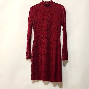 Lace long sleeve mock neck mini dress